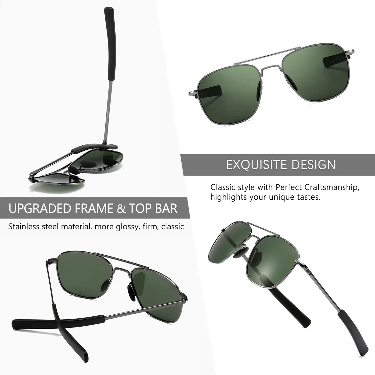 SUNGAIT Men's Military Style Polarized Pilot Aviator Sunglasses with Bayonet Temples, Green Lens - view 4