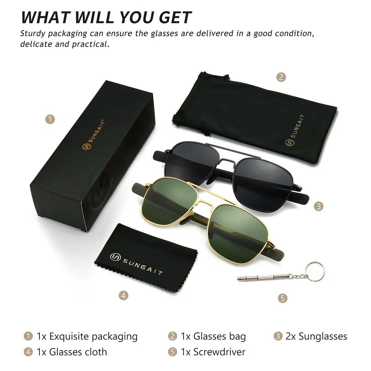 SUNGAIT Men's Military Style Polarized Pilot Aviator Sunglasses Bayonet Temples 55mm | HD Polarized Lens - view 6
