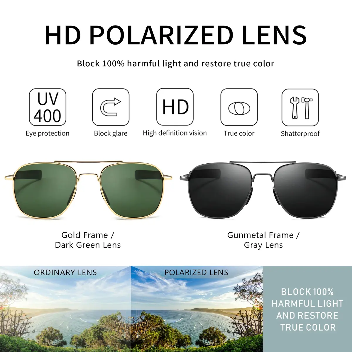 SUNGAIT Men's Military Style Polarized Pilot Aviator Sunglasses Bayonet Temples 55mm | HD Polarized Lens - view 2