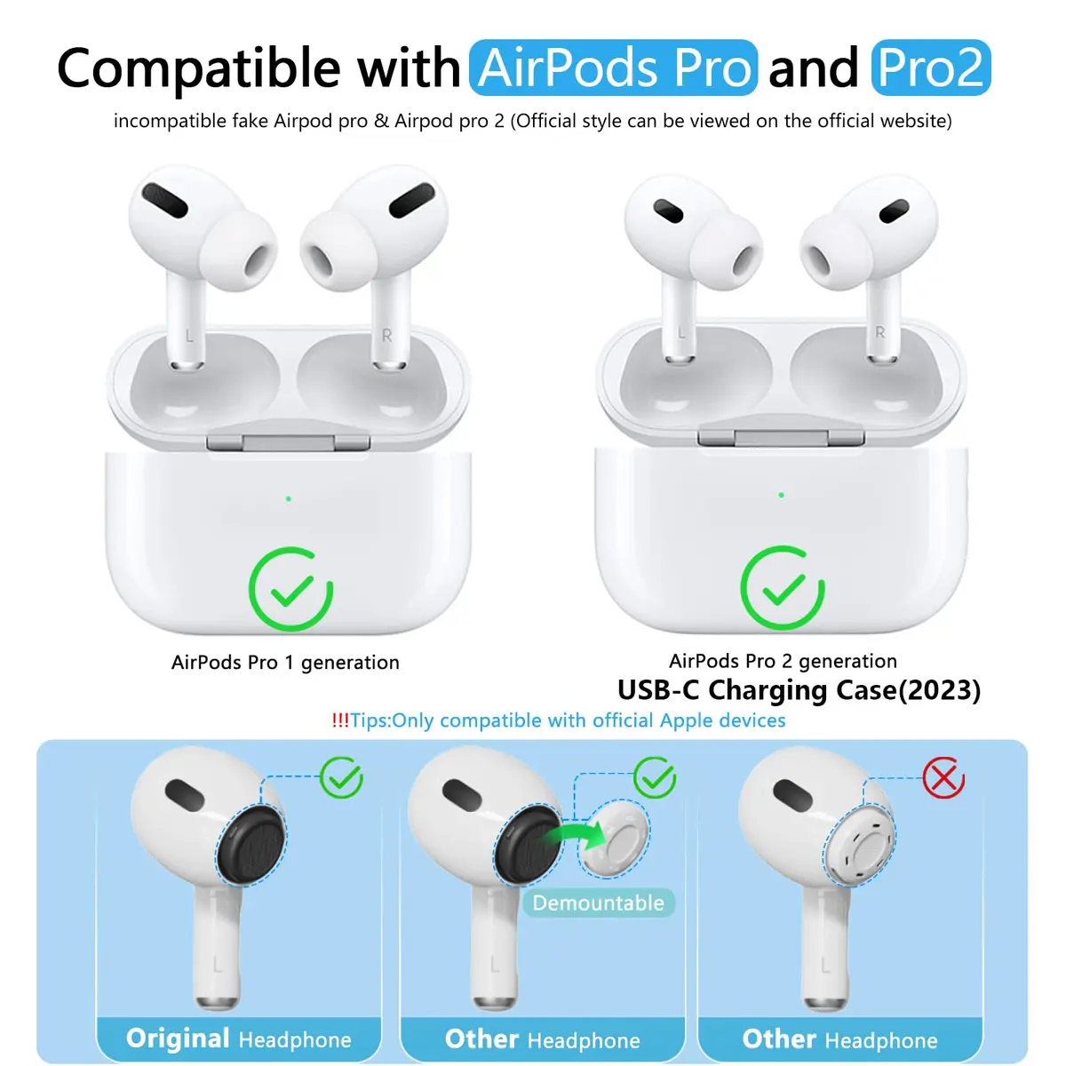 Pohgelan Replacement Ear Tips for AirPods Pro 2nd/1st Gen (XS/S/M/L) Black+White | Noise Reduction Holes & Dust Guard Screen - view 2