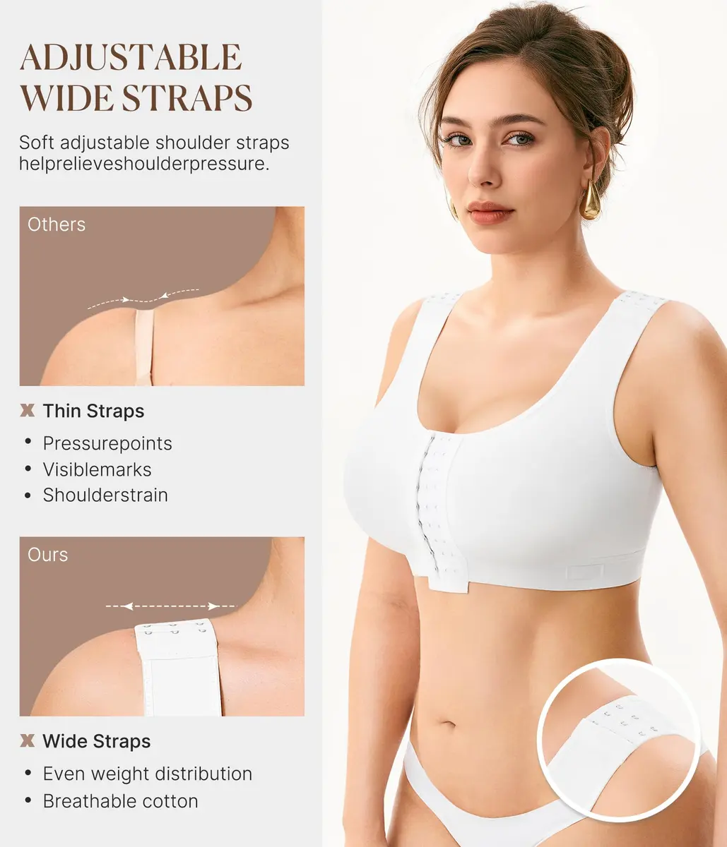 BRABIC Women's Post Surgery Compression Bra with Front Closure & Adjustable Straps for Mastectomy Recovery, White, X-Large | High Support U-Back Design - view 4