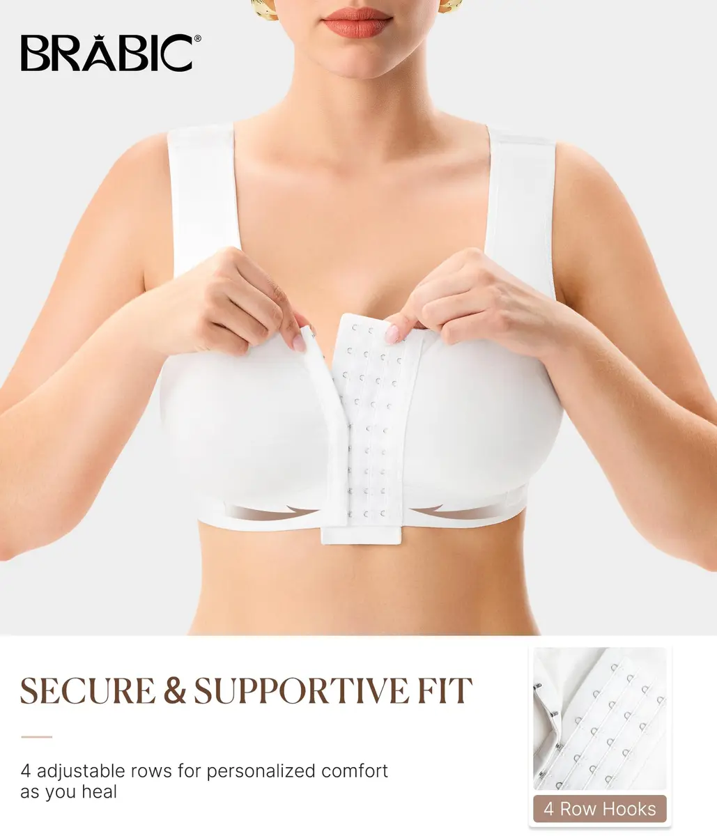 BRABIC Women's Post Surgery Compression Bra with Front Closure & Adjustable Straps for Mastectomy Recovery, White, X-Large | High Support U-Back Design - view 2