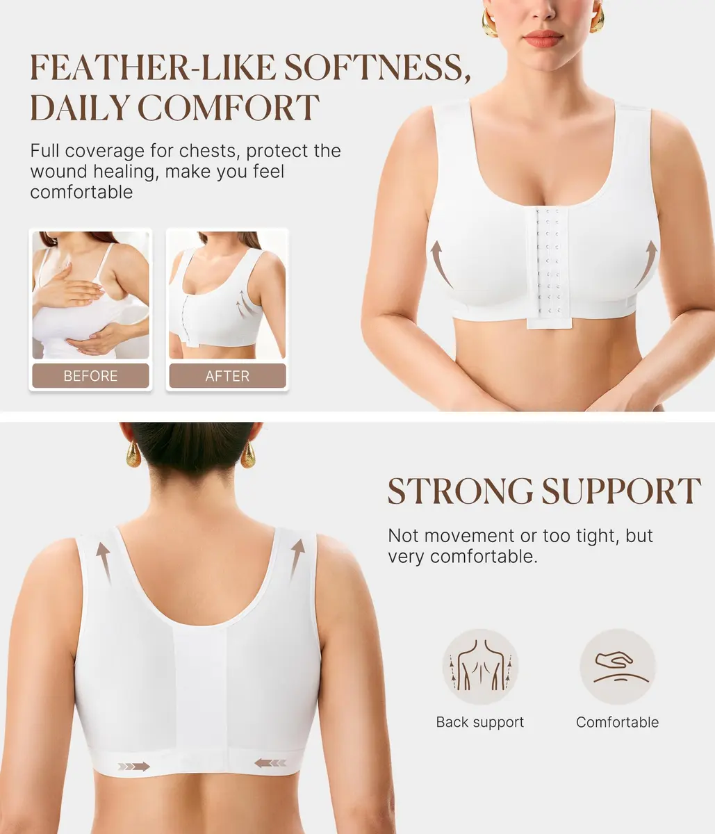 BRABIC Women's Post Surgery Compression Bra with Front Closure & Adjustable Straps for Mastectomy Recovery, White, X-Large | High Support U-Back Design - view 3