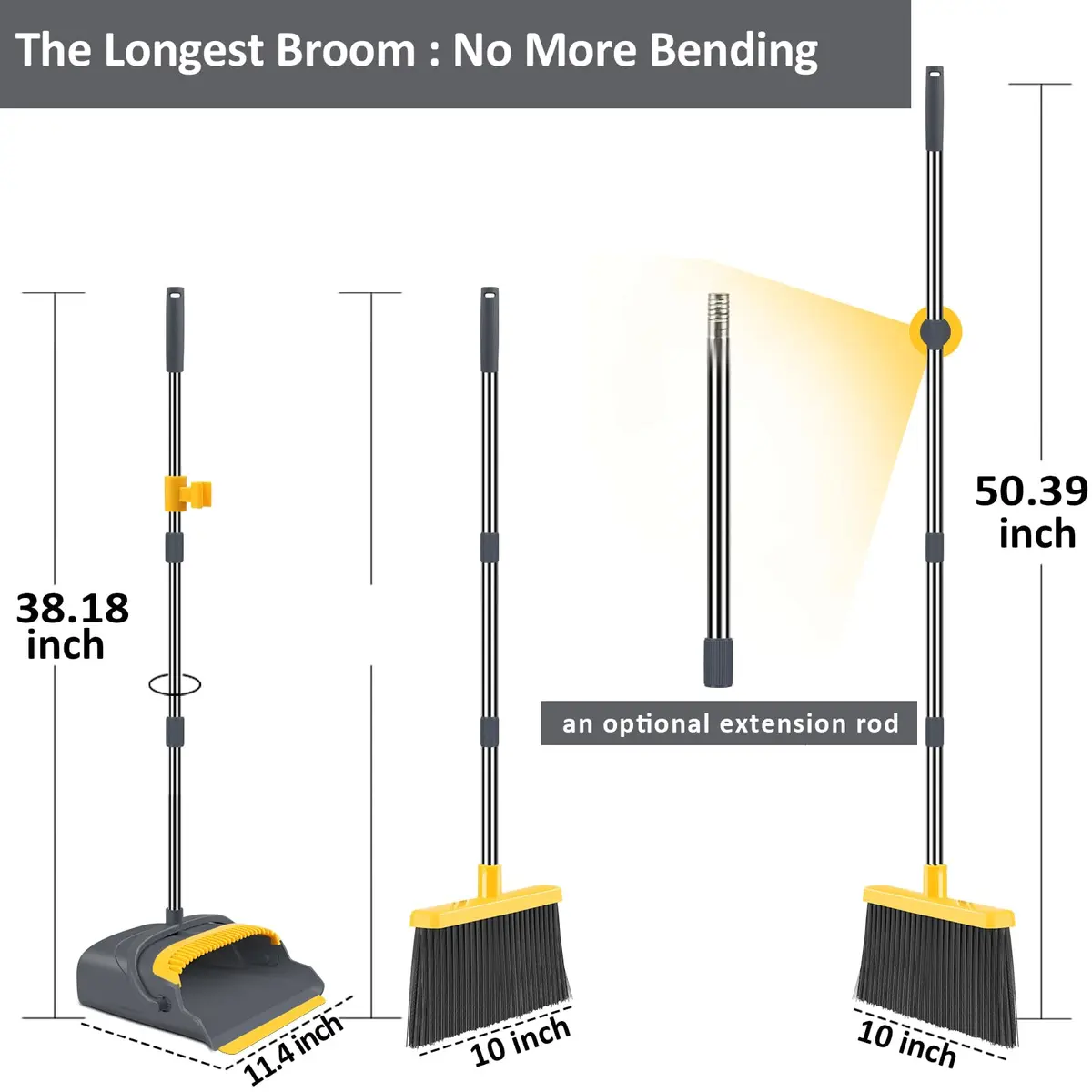 kelamayi Upgrade Broom and Dustpan Set with Extendable Handle, Self-Cleaning Dustpan Teeth, Indoor/Outdoor Use (Gray&Yellow, 1.23 kg) - view 2
