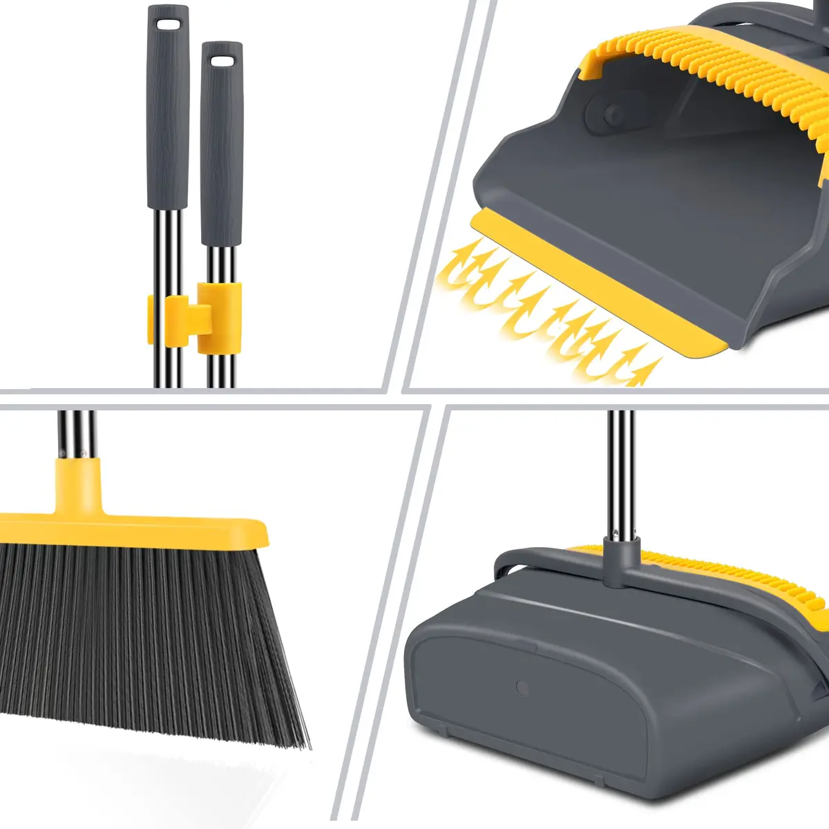 kelamayi Upgrade Broom and Dustpan Set with Extendable Handle, Self-Cleaning Dustpan Teeth, Indoor/Outdoor Use (Gray&Yellow, 1.23 kg) - view 3