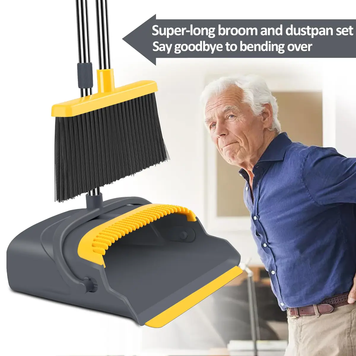 kelamayi Upgrade Broom and Dustpan Set with Extendable Handle, Self-Cleaning Dustpan Teeth, Indoor/Outdoor Use (Gray&Yellow, 1.23 kg) - view 4