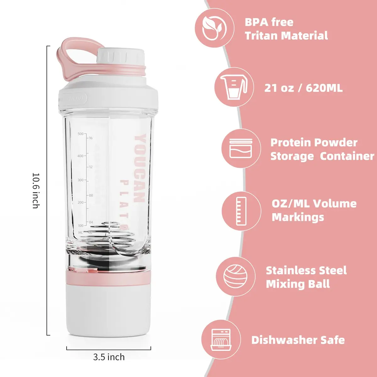 youcanplato 21oz Protein Shaker Bottle with Powder Storage & BPA Free Tritan | Gym Sport Water Bottle - view 3