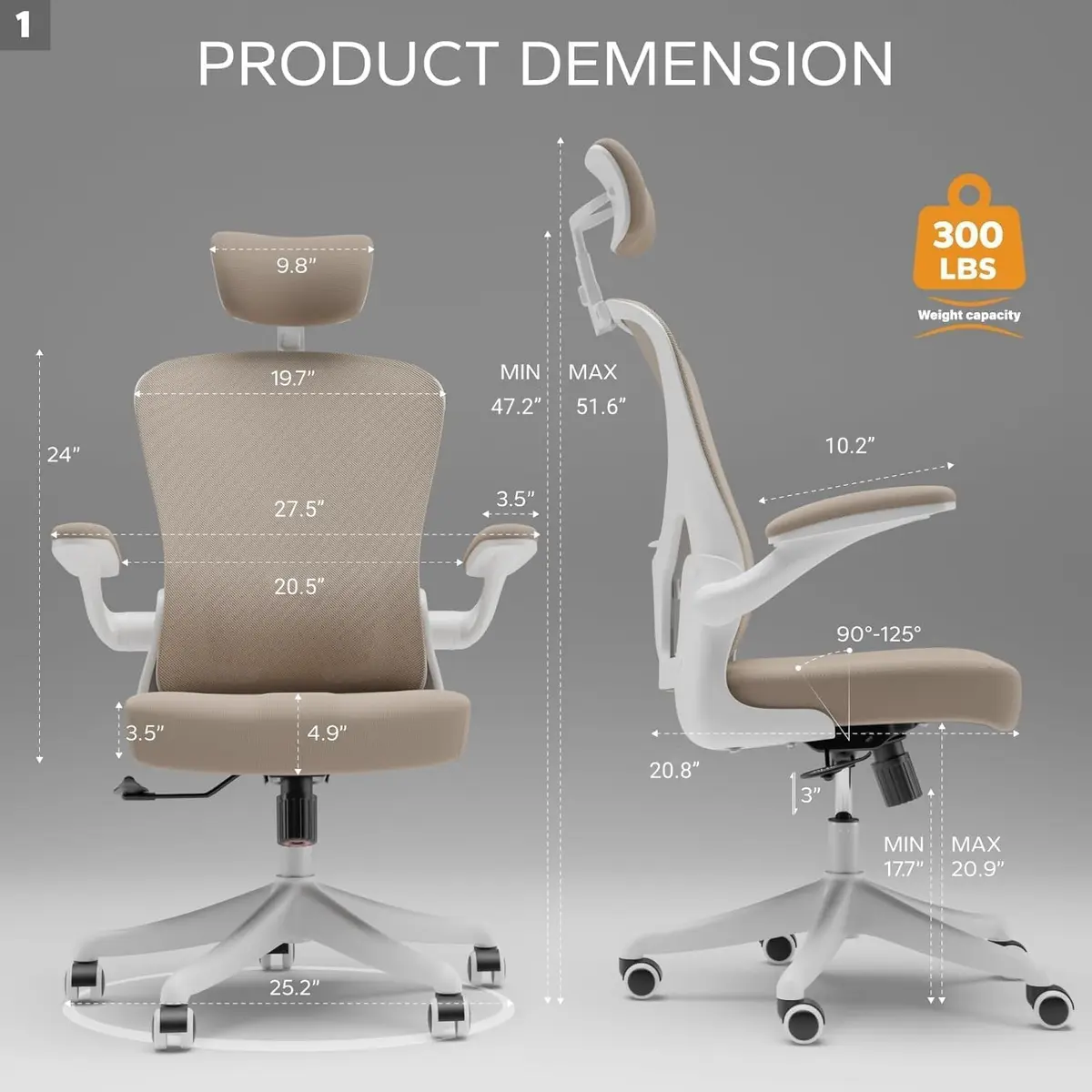 SICHY AGE High Back Mesh Office Desk Chair with Adjustable Lumbar Support & Flip-Up Armrests (Khaki, 20.8in deep, 22in wide, 43in tall) - view 2