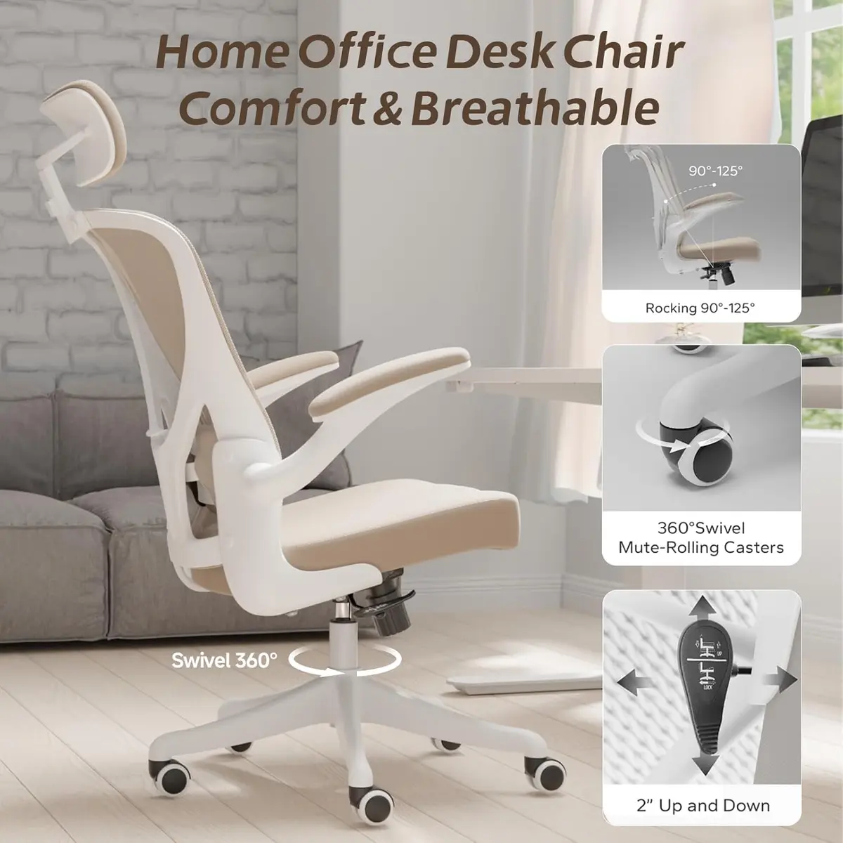 SICHY AGE High Back Mesh Office Desk Chair with Adjustable Lumbar Support & Flip-Up Armrests (Khaki, 20.8in deep, 22in wide, 43in tall) - view 3