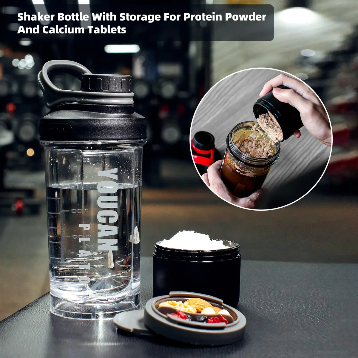 youcanplato 21oz Protein Shaker Bottle with Powder & Pill Storage | BPA Free Tritan, Red - view 4