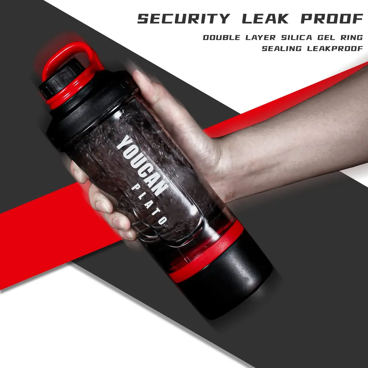 youcanplato 21oz Protein Shaker Bottle with Powder & Pill Storage | BPA Free Tritan, Red - view 5