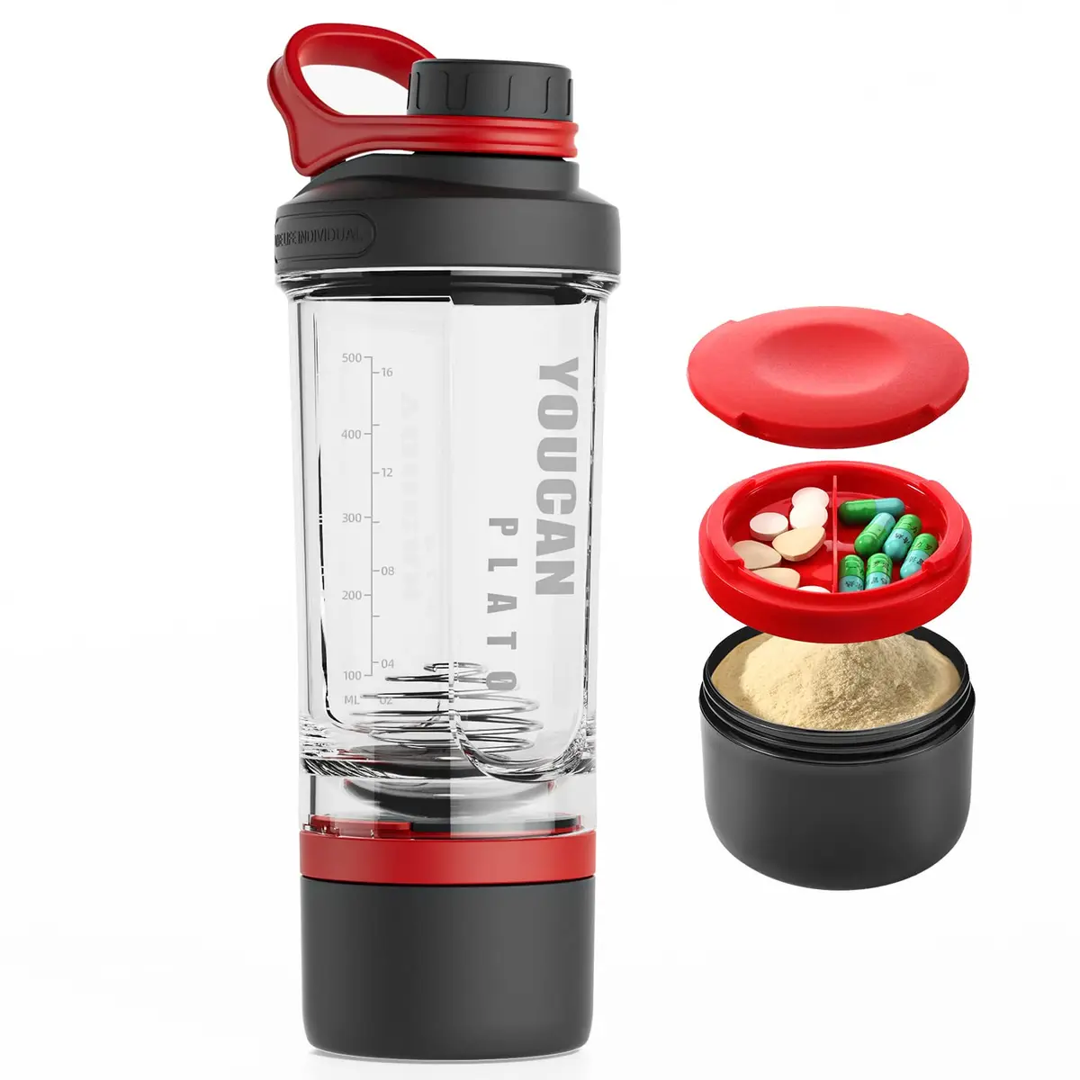 youcanplato 21oz Protein Shaker Bottle with Powder & Pill Storage | BPA Free Tritan, Red - main product image