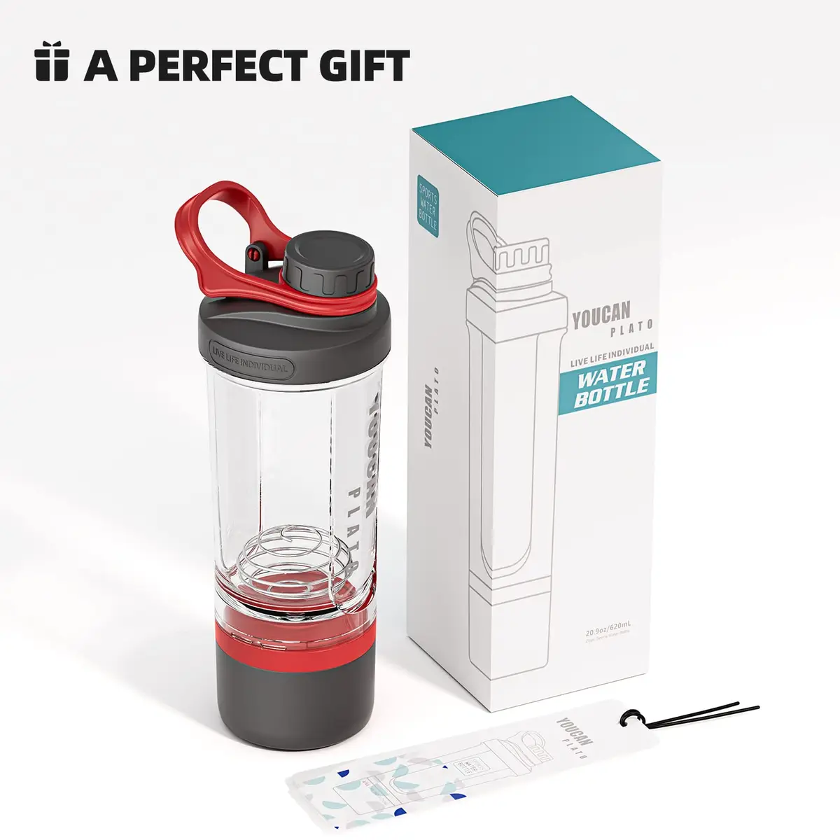 youcanplato 21oz Protein Shaker Bottle with Powder & Pill Storage | BPA Free Tritan, Red - view 7