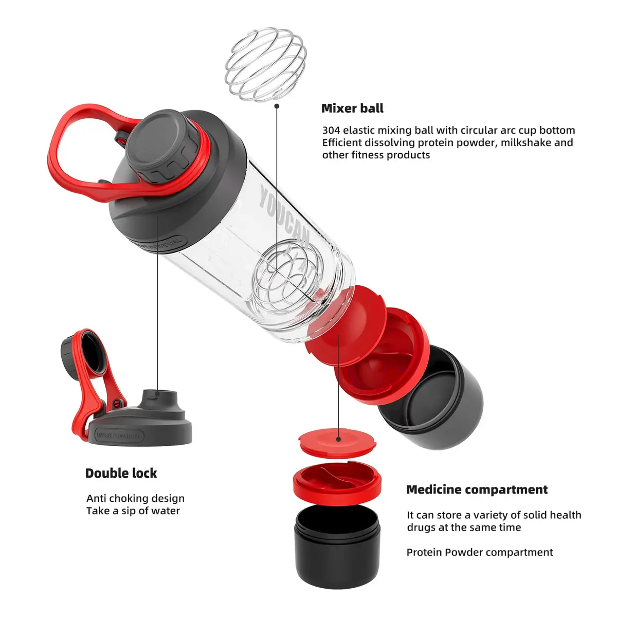 youcanplato 21oz Protein Shaker Bottle with Powder & Pill Storage | BPA Free Tritan, Red - view 2
