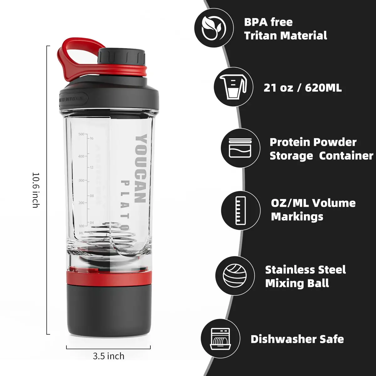youcanplato 21oz Protein Shaker Bottle with Powder & Pill Storage | BPA Free Tritan, Red - view 3