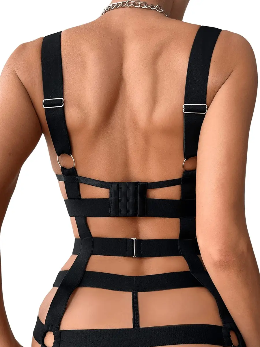 SOLY HUX 4 Piece Cutout Underwire Lingerie Set Bra and Panty with Leg Ring, Solid Black Small - view 2