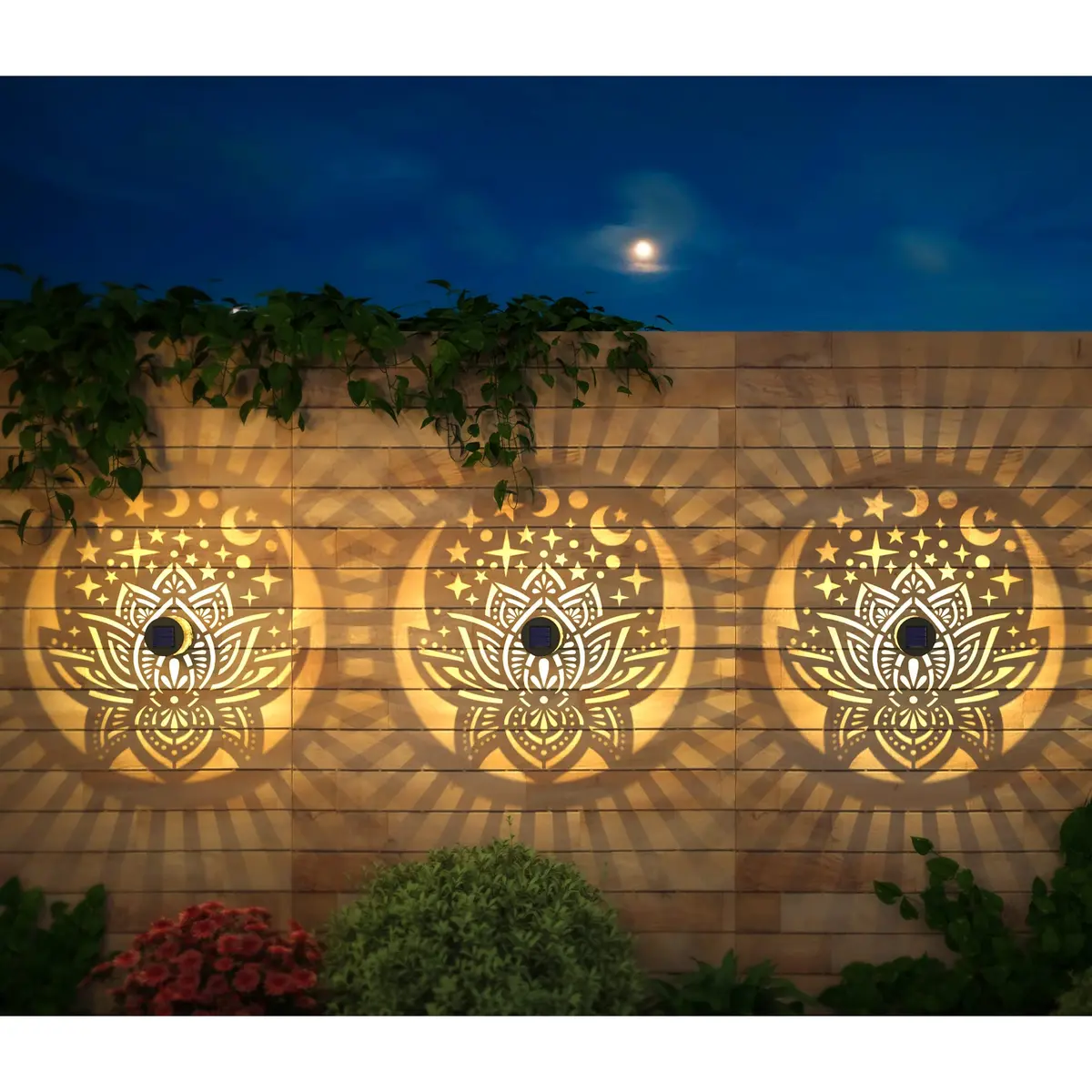 gardencave Lotus Solar Fence Lights 4 Pack Metal Waterproof Outdoor Decor | Decorative Lotus Pattern Lights for Garden Post Patio Backyard Yard - view 2