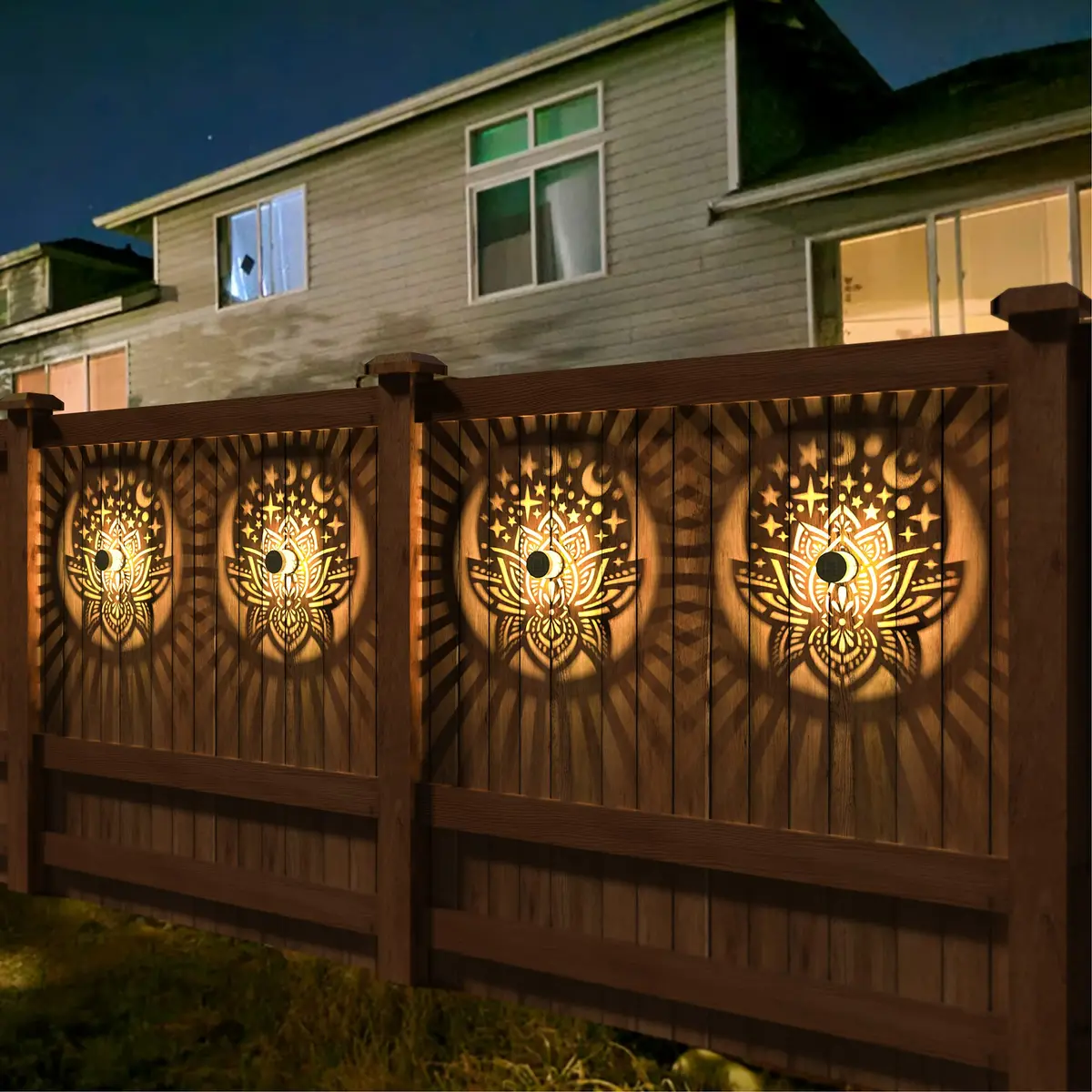 gardencave Lotus Solar Fence Lights 4 Pack Metal Waterproof Outdoor Decor | Decorative Lotus Pattern Lights for Garden Post Patio Backyard Yard - view 3