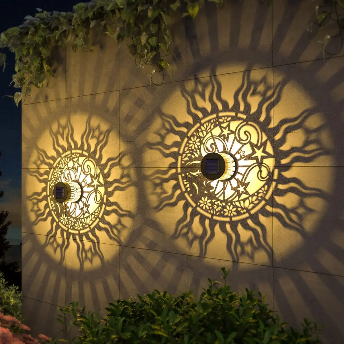 gardencave Sun Moon Solar Fence Lights 4 Pack (10 Lumens, Warm Yellow) | Decorative Outdoor Metal Lights for Garden, Patio, Yard - main product image