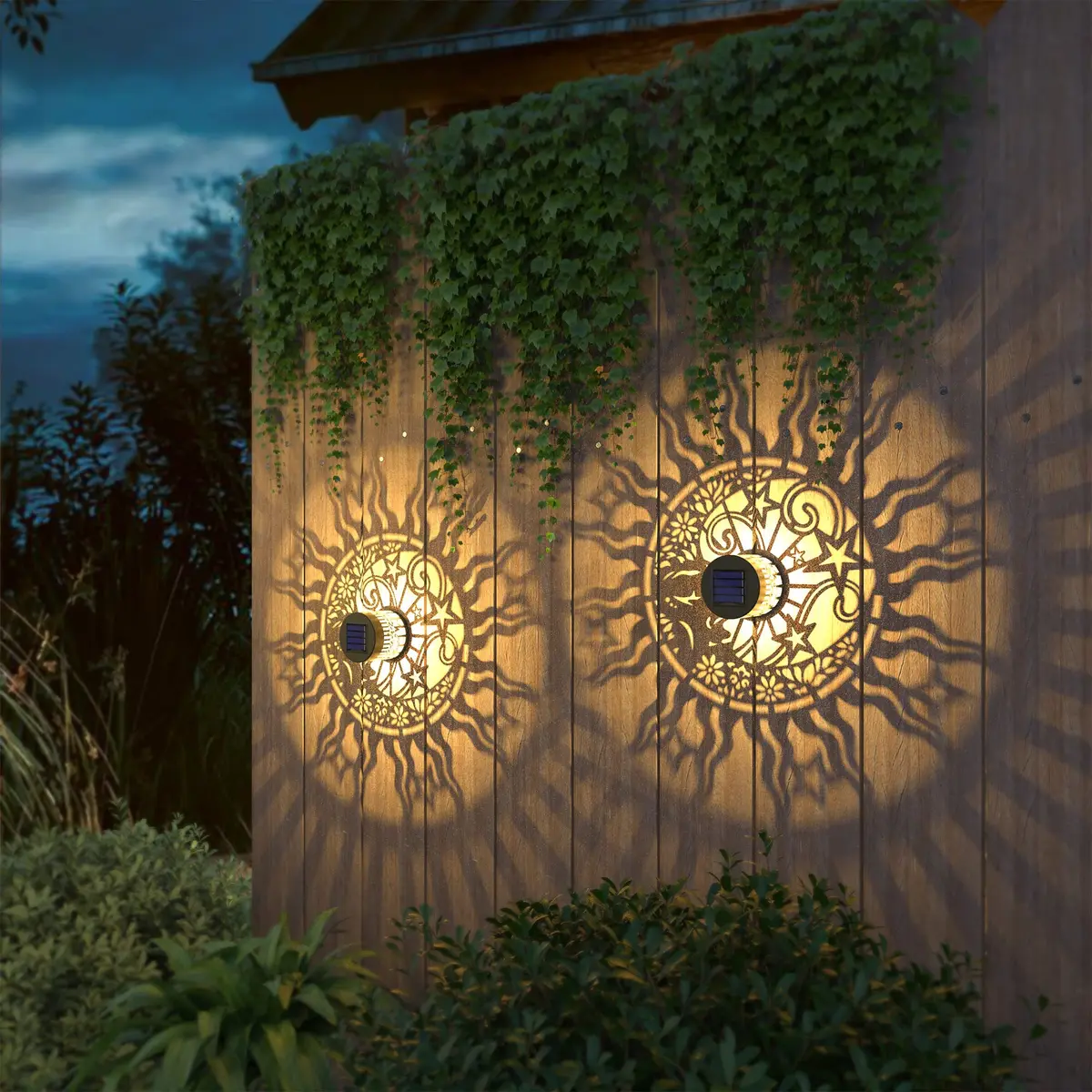gardencave Sun Moon Solar Fence Lights 4 Pack (10 Lumens, Warm Yellow) | Decorative Outdoor Metal Lights for Garden, Patio, Yard - view 7