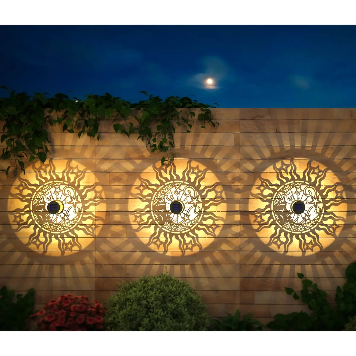 gardencave Sun Moon Solar Fence Lights 4 Pack (10 Lumens, Warm Yellow) | Decorative Outdoor Metal Lights for Garden, Patio, Yard - view 2