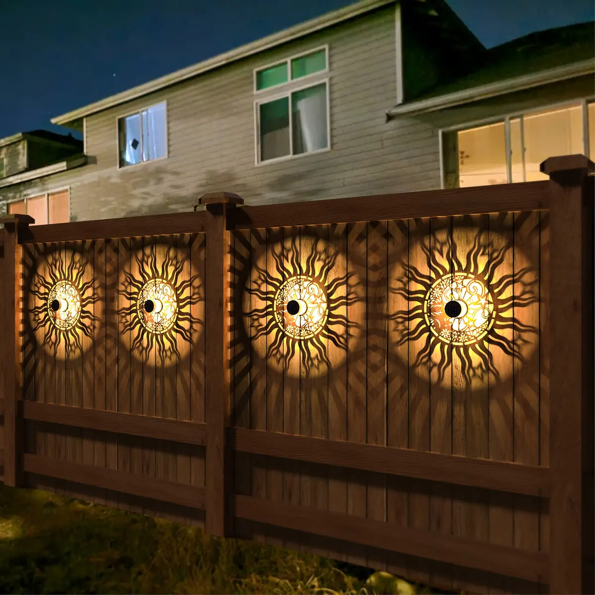 gardencave Sun Moon Solar Fence Lights 4 Pack (10 Lumens, Warm Yellow) | Decorative Outdoor Metal Lights for Garden, Patio, Yard - view 3