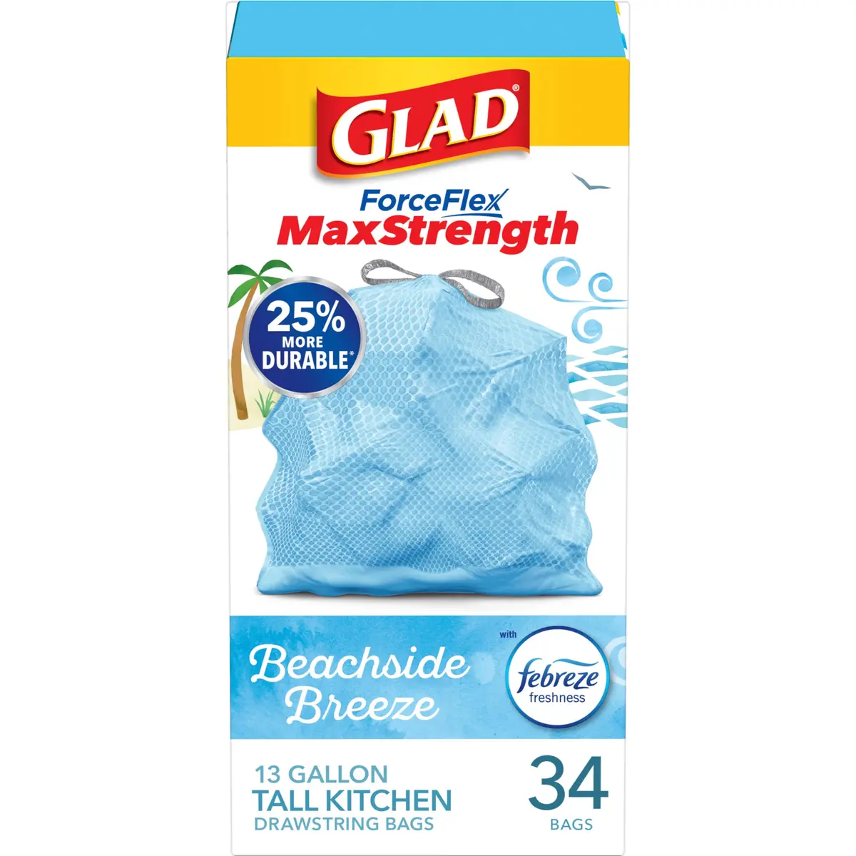 Glad Tall Kitchen Trash Bags 13 Gallon, MaxStrength Beachside Breeze Drawstring, 34 Count | Strong & Scented for Indian Homes - main product image