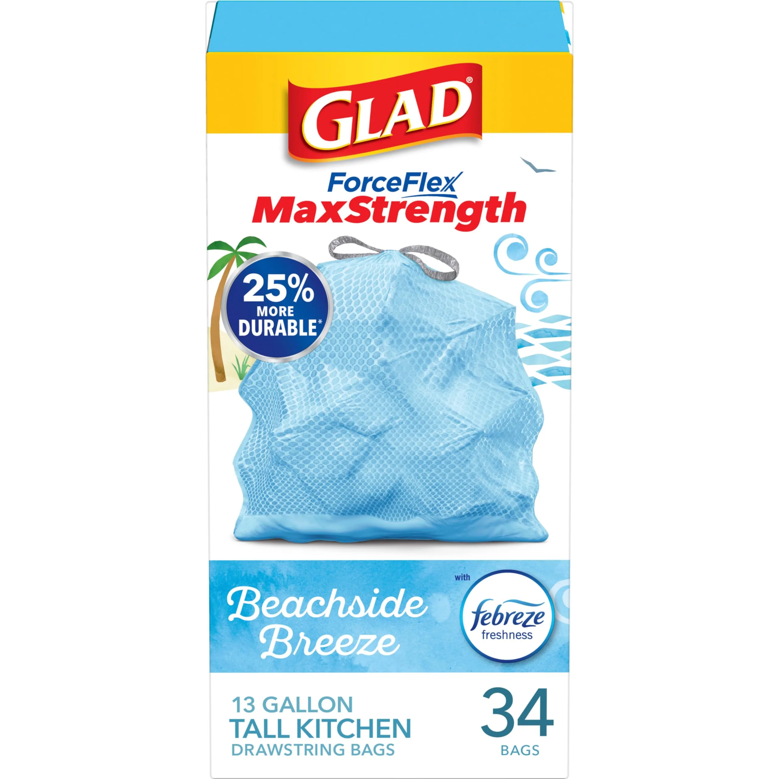 Glad ForceFlex MaxStrength Tall Kitchen Trash Bags 13 Gallon 34 Count | Beachside Breeze Scented, USA Import - main product image