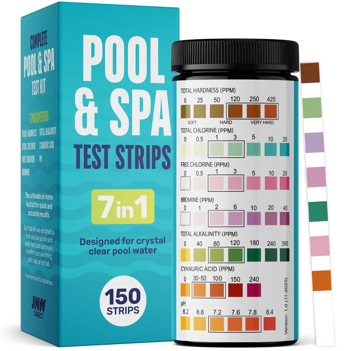 JNW Direct Pool Test Strips 150 Pack | 7-in-1 Water Test for Pools & Spas - main product image