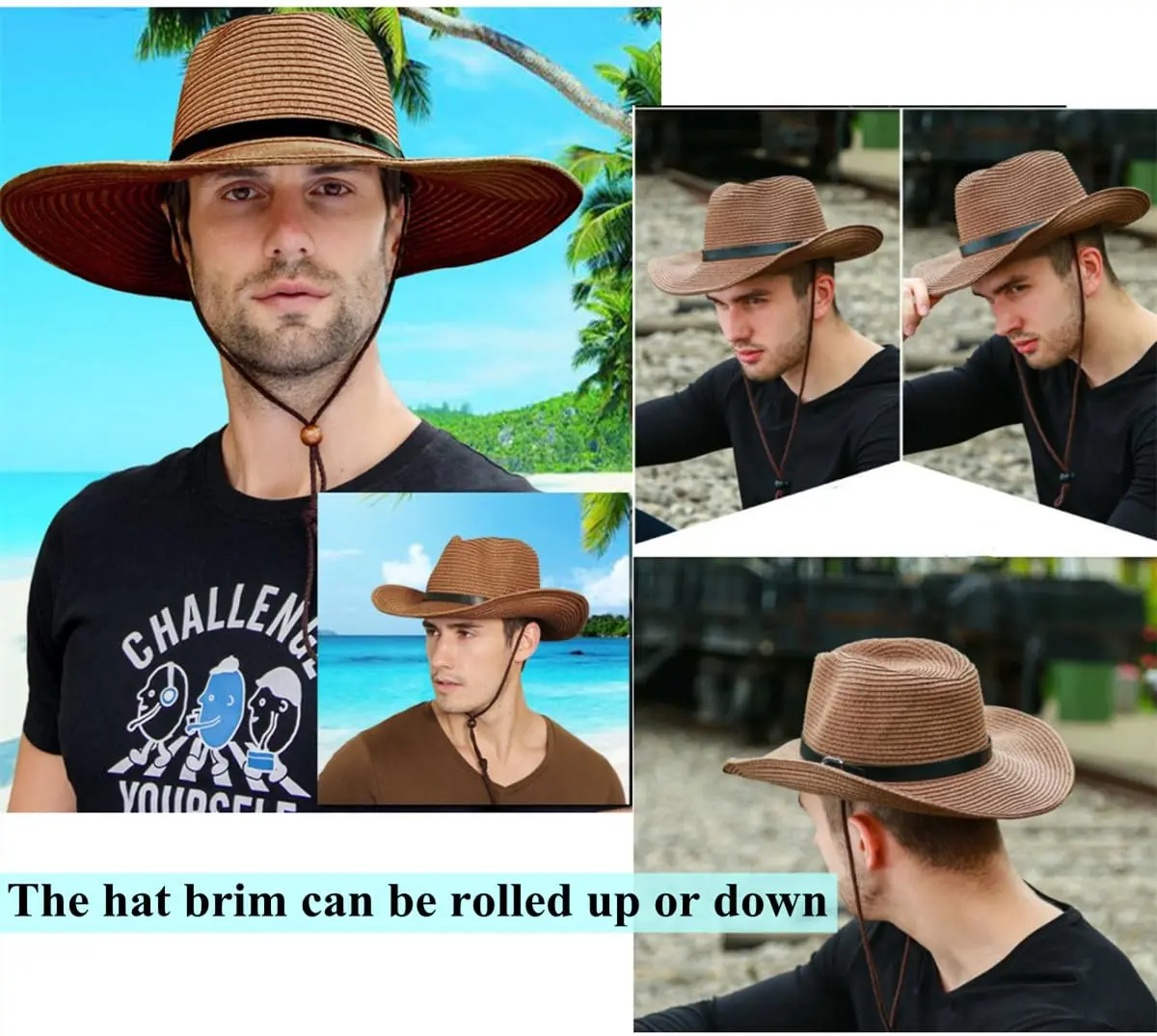 Ibluelover Straw Cowboy Hat for Women Men 58cm (22.8") | Shapeable Wide Brim Fedora Sun Hat - view 5