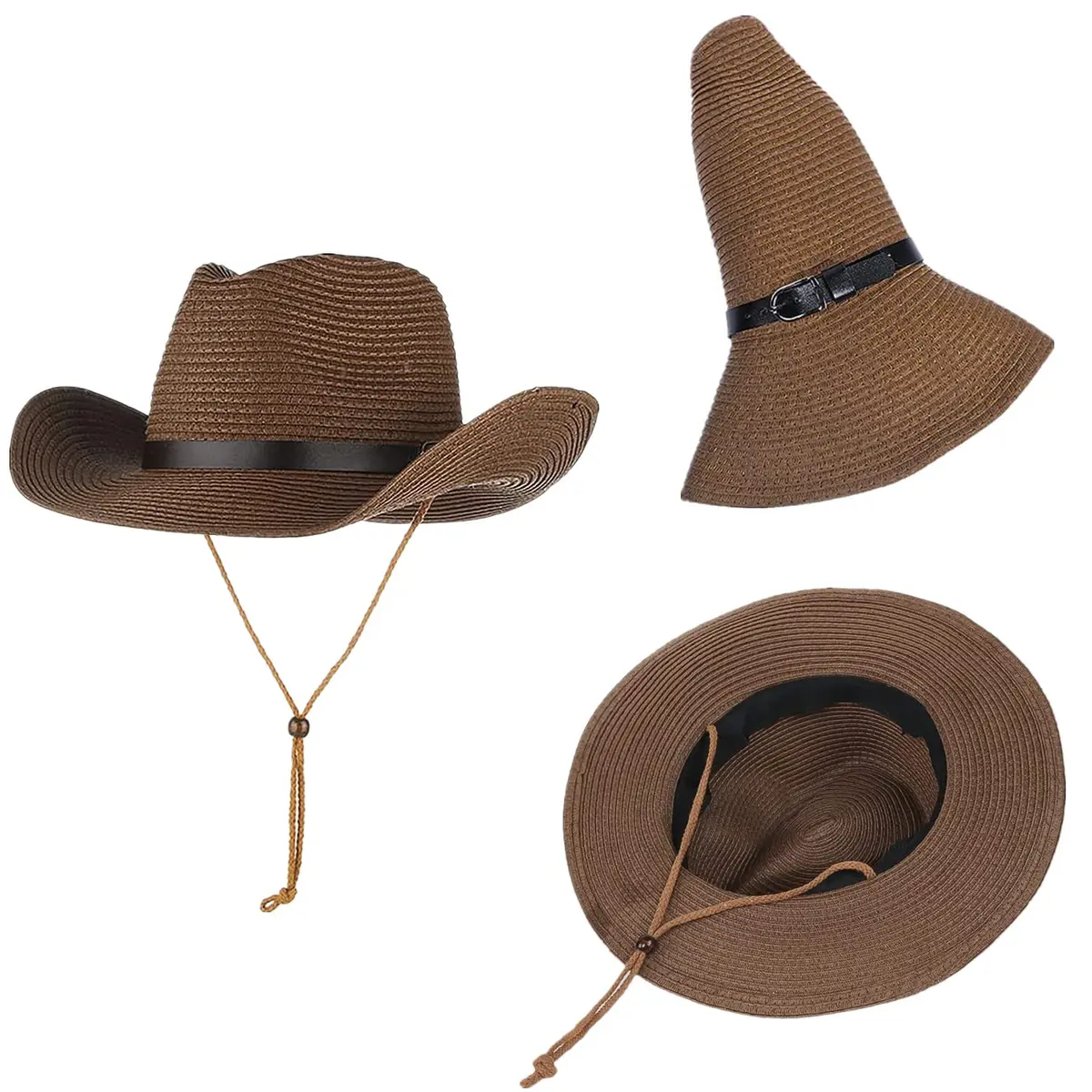 Ibluelover Straw Cowboy Hat for Women Men 58cm (22.8") | Shapeable Wide Brim Fedora Sun Hat - view 4