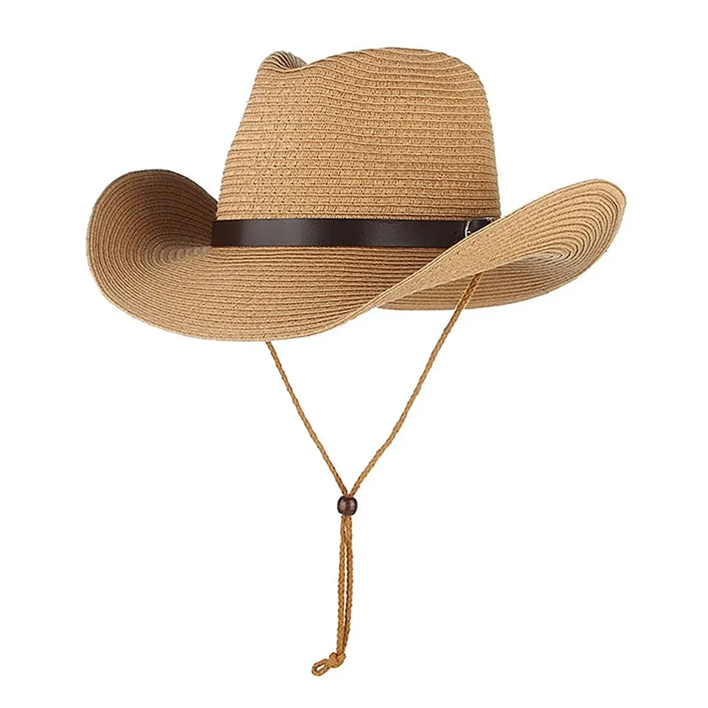 Ibluelover Straw Cowboy Hat for Women & Men, Foldable Sun Hat with Wide Brim & Adjustable Chin Strap | Khaki - main product image