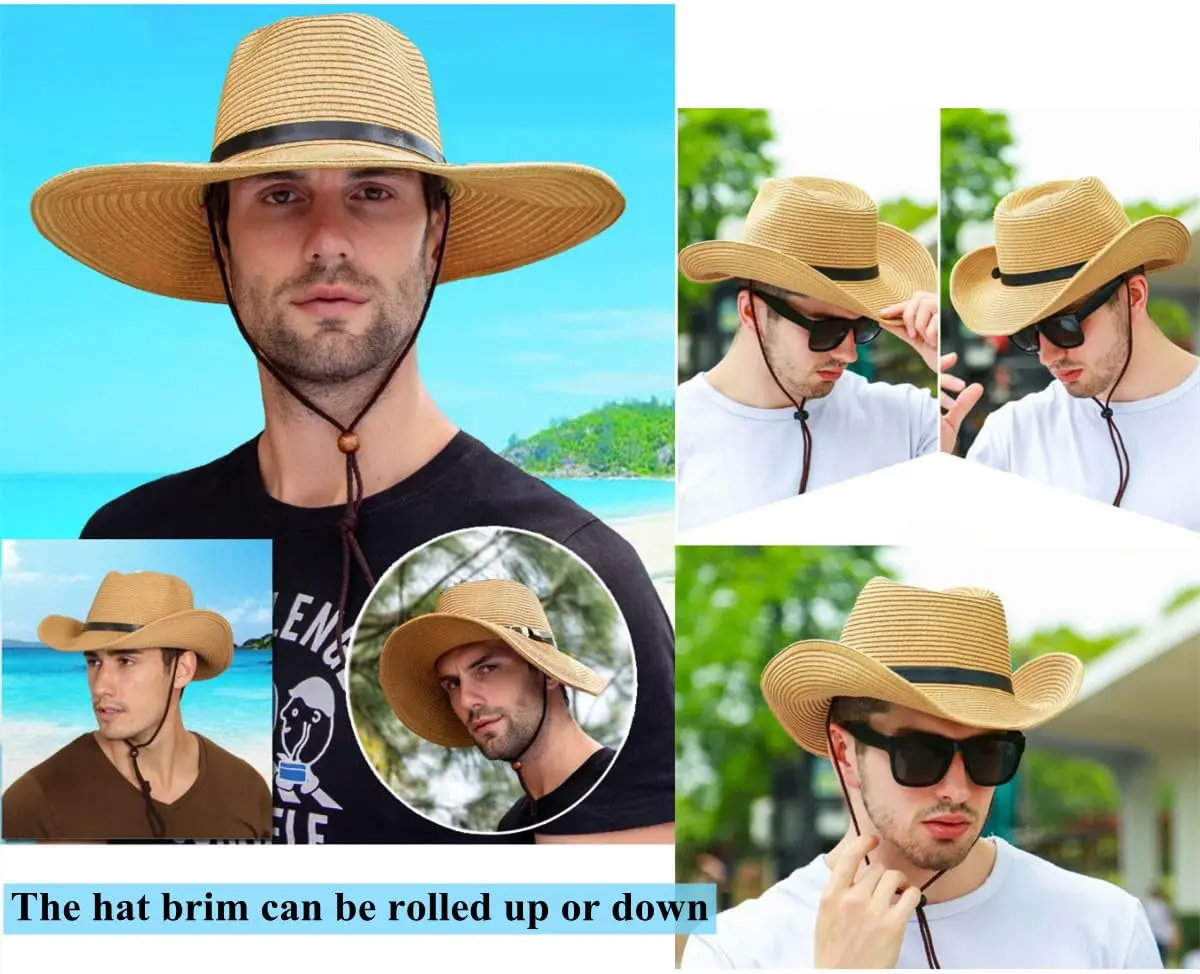 Ibluelover Straw Cowboy Hat for Women & Men, Foldable Sun Hat with Wide Brim & Adjustable Chin Strap | Khaki - view 5