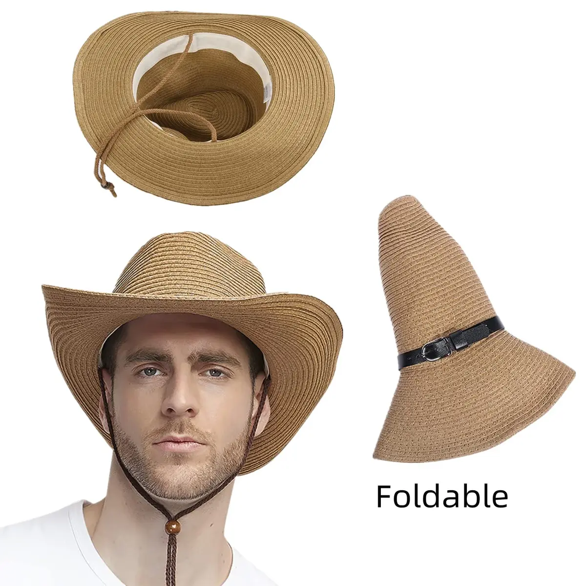 Ibluelover Straw Cowboy Hat for Women & Men, Foldable Sun Hat with Wide Brim & Adjustable Chin Strap | Khaki - view 3
