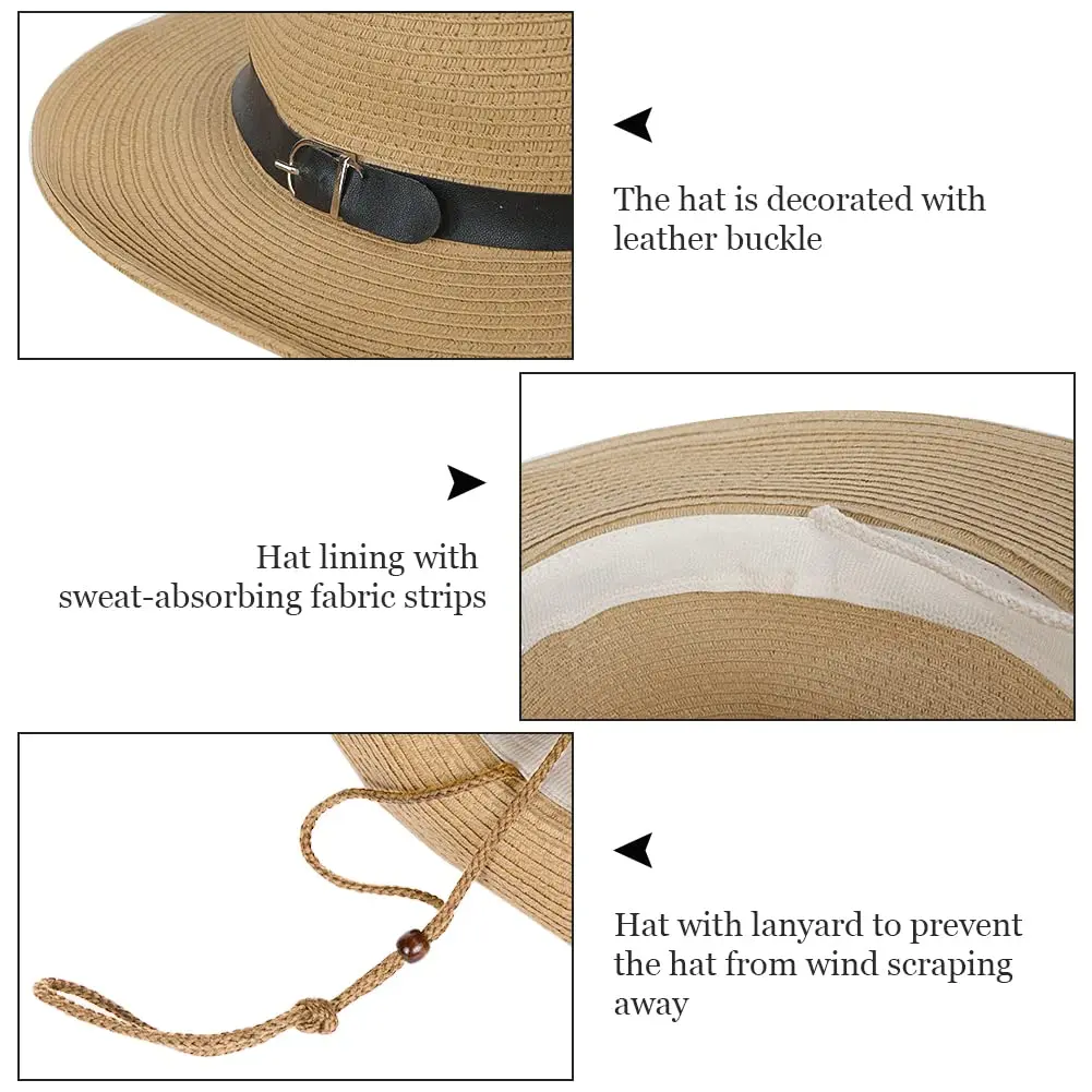 Ibluelover Straw Cowboy Hat for Women & Men, Foldable Sun Hat with Wide Brim & Adjustable Chin Strap | Khaki - view 4