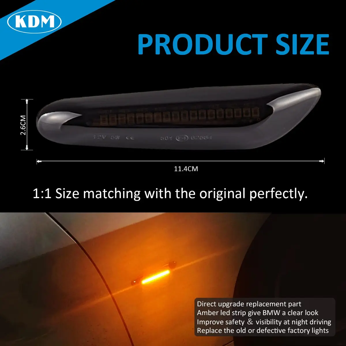 KDM Smoked Lens Amber LED Side Marker Lights Pair for BMW E90 E91 E92 E93 E81 E82 E87 E88 E84 X1 E83 X3 12V - view 6
