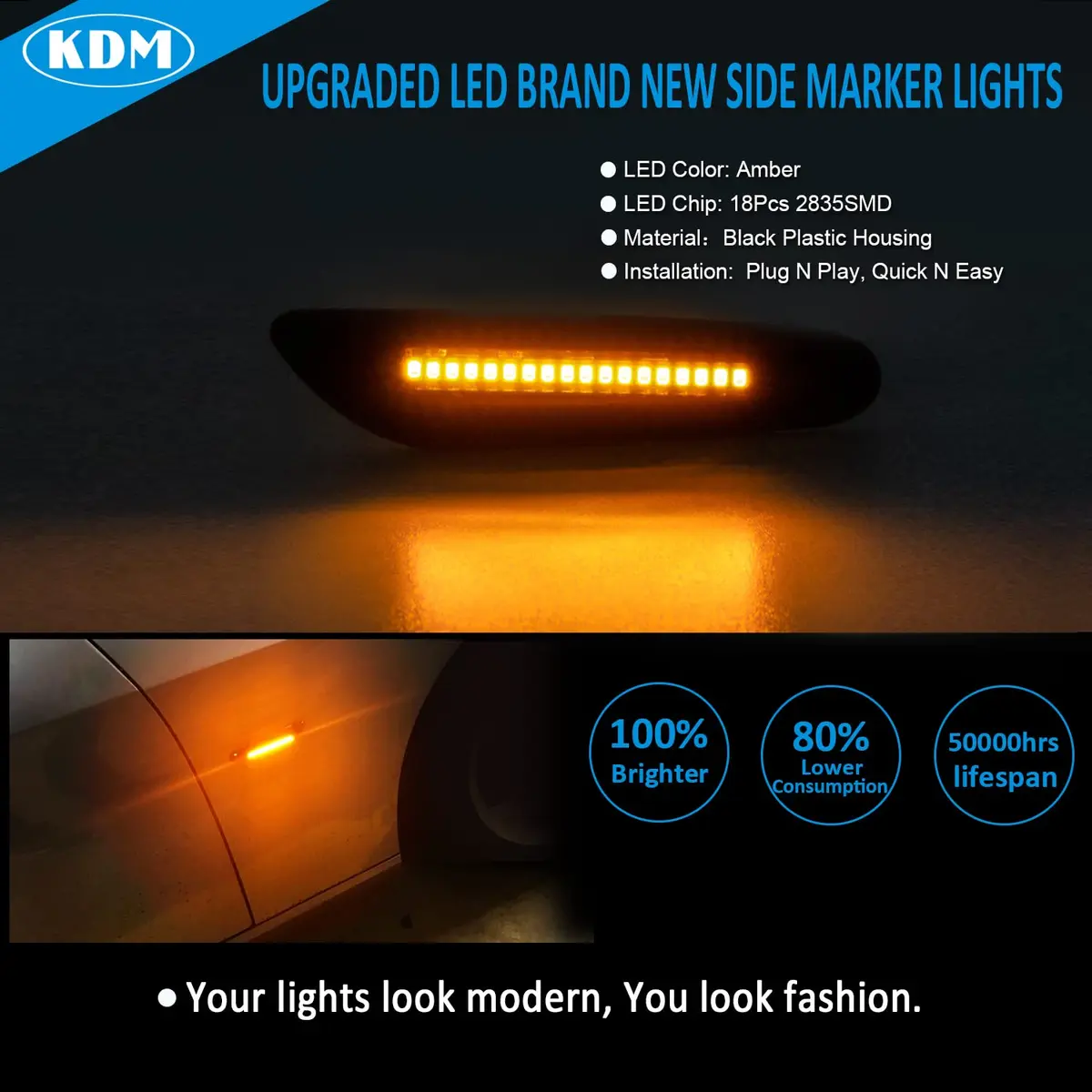 KDM Smoked Lens Amber LED Side Marker Lights Pair for BMW E90 E91 E92 E93 E81 E82 E87 E88 E84 X1 E83 X3 12V - view 2