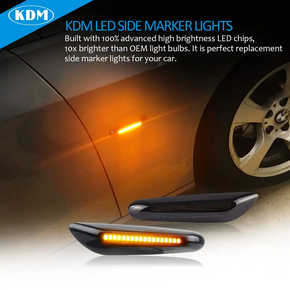 KDM Smoked Lens Amber LED Side Marker Lights Pair for BMW E90 E91 E92 E93 E81 E82 E87 E88 E84 X1 E83 X3 12V - view 4