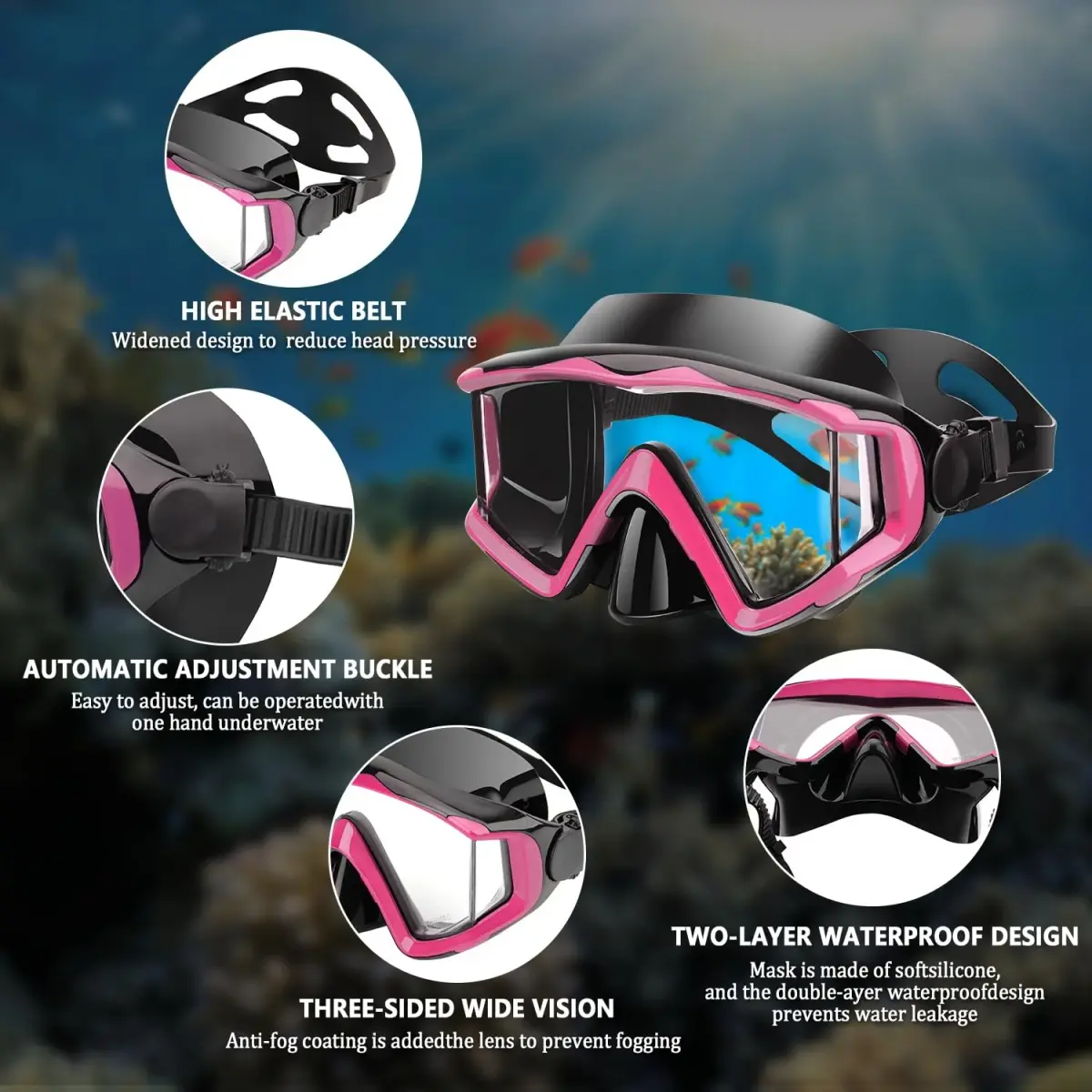 AQUA A DIVE SPORTS Pink Adult Single Lens Diving Mask | 180° Wide View Anti-Fog - view 4