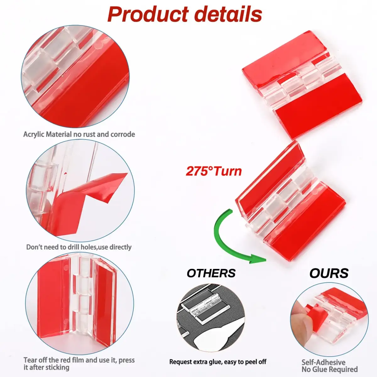 Sliverdew Clear Acrylic Small Hinges 35x25mm (12 Pcs) | Self-Adhesive Continuous Hinge for Cabinets & Crafts - view 3