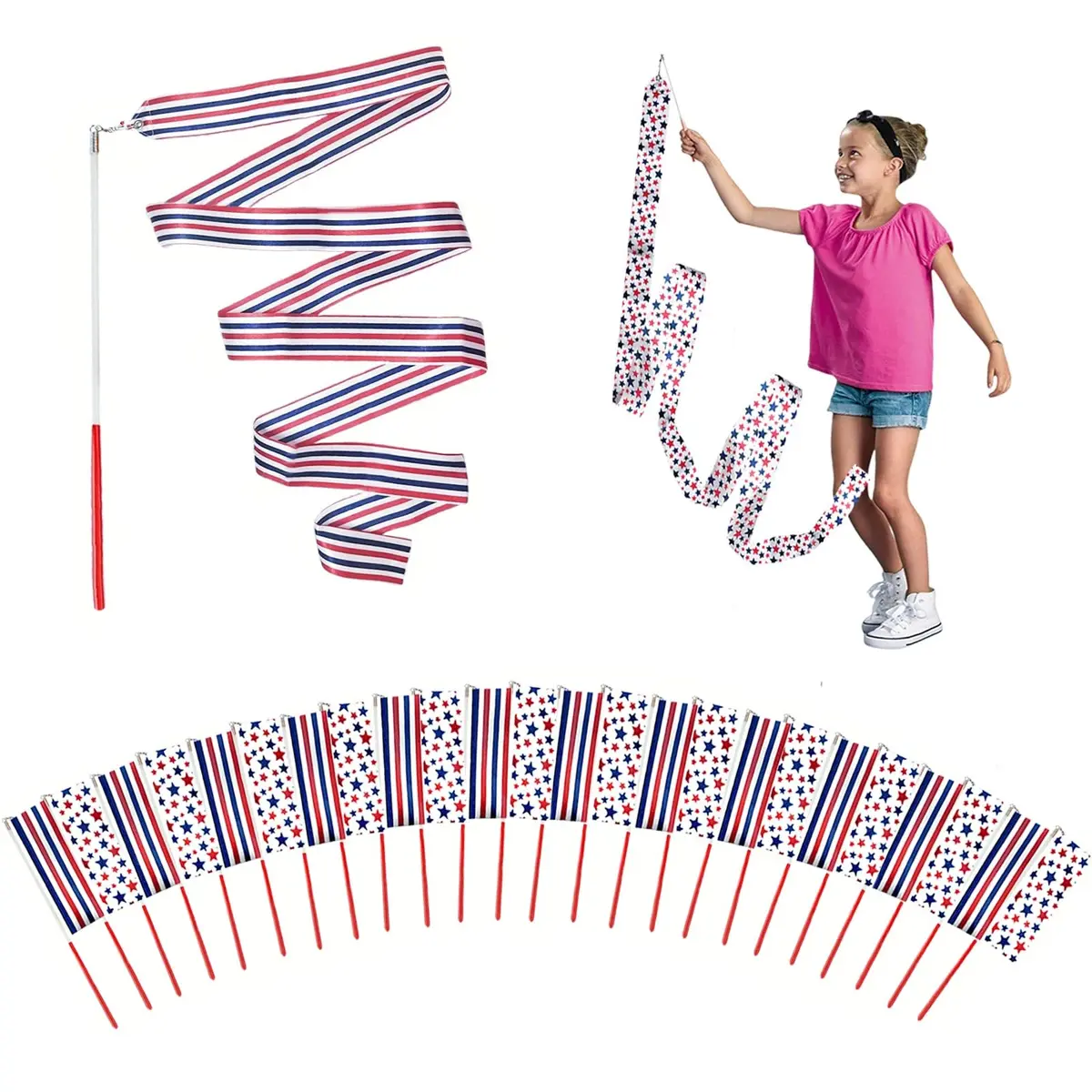 YANMIN 4th of July Party Favors 24pcs Dance Ribbon Wand for Kids 4-12 | Bright, Reusable & Safe for Indoor & Outdoor Celebrations - main product image