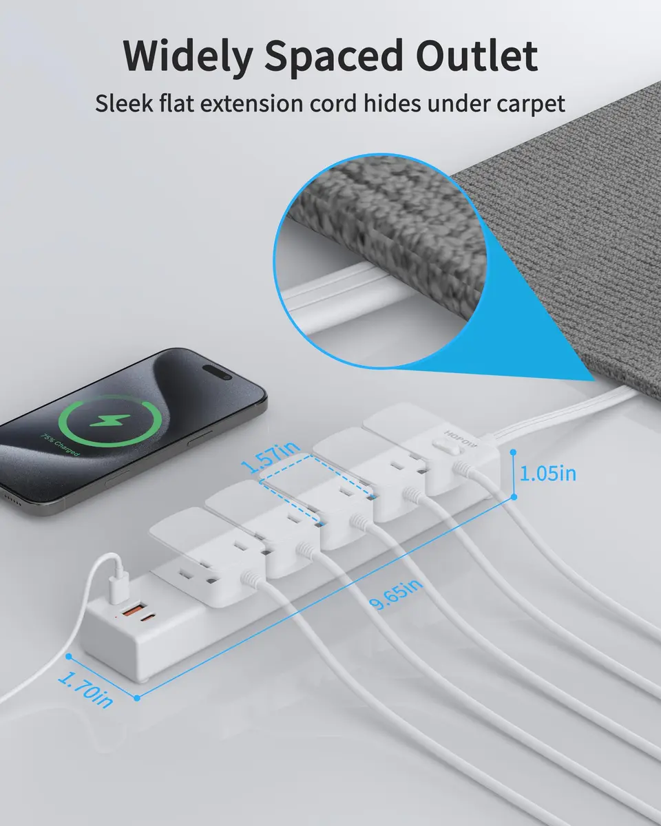 HOPOW Surge Protector Power Strip 1700J 6ft | 5 AC Outlets, 2 USB-C, 1 USB-A Ports, Flat Plug, Wall Mount White - view 5