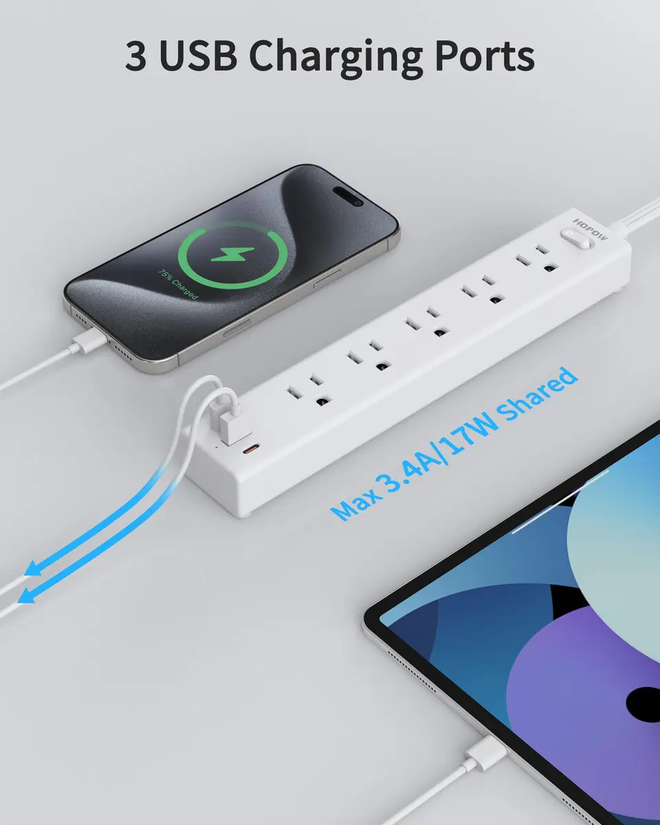 HOPOW Surge Protector Power Strip 1700J 6ft | 5 AC Outlets, 2 USB-C, 1 USB-A Ports, Flat Plug, Wall Mount White - view 6