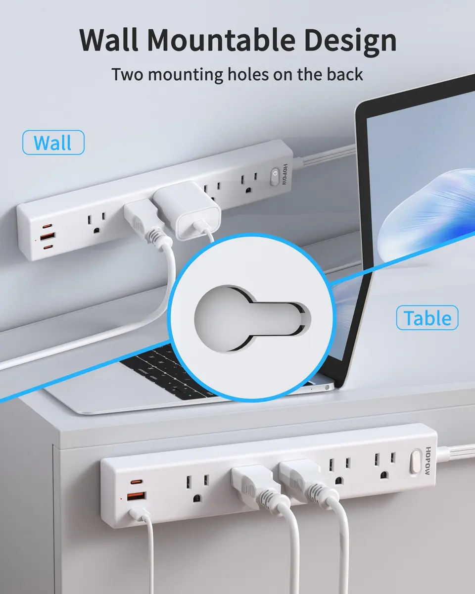 HOPOW Surge Protector Power Strip 1700J 6ft | 5 AC Outlets, 2 USB-C, 1 USB-A Ports, Flat Plug, Wall Mount White - view 7
