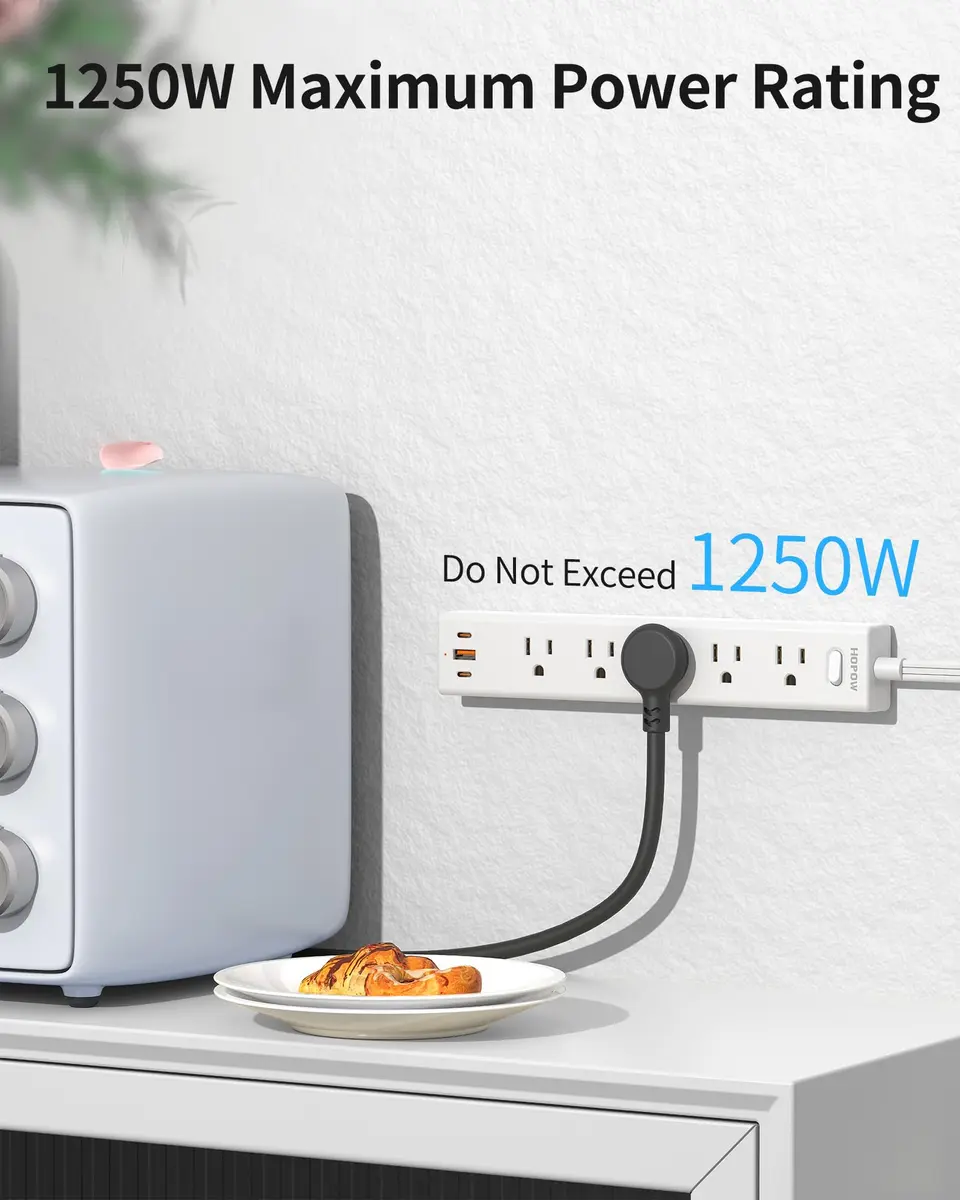 HOPOW Surge Protector Power Strip 1700J 6ft | 5 AC Outlets, 2 USB-C, 1 USB-A Ports, Flat Plug, Wall Mount White - view 2