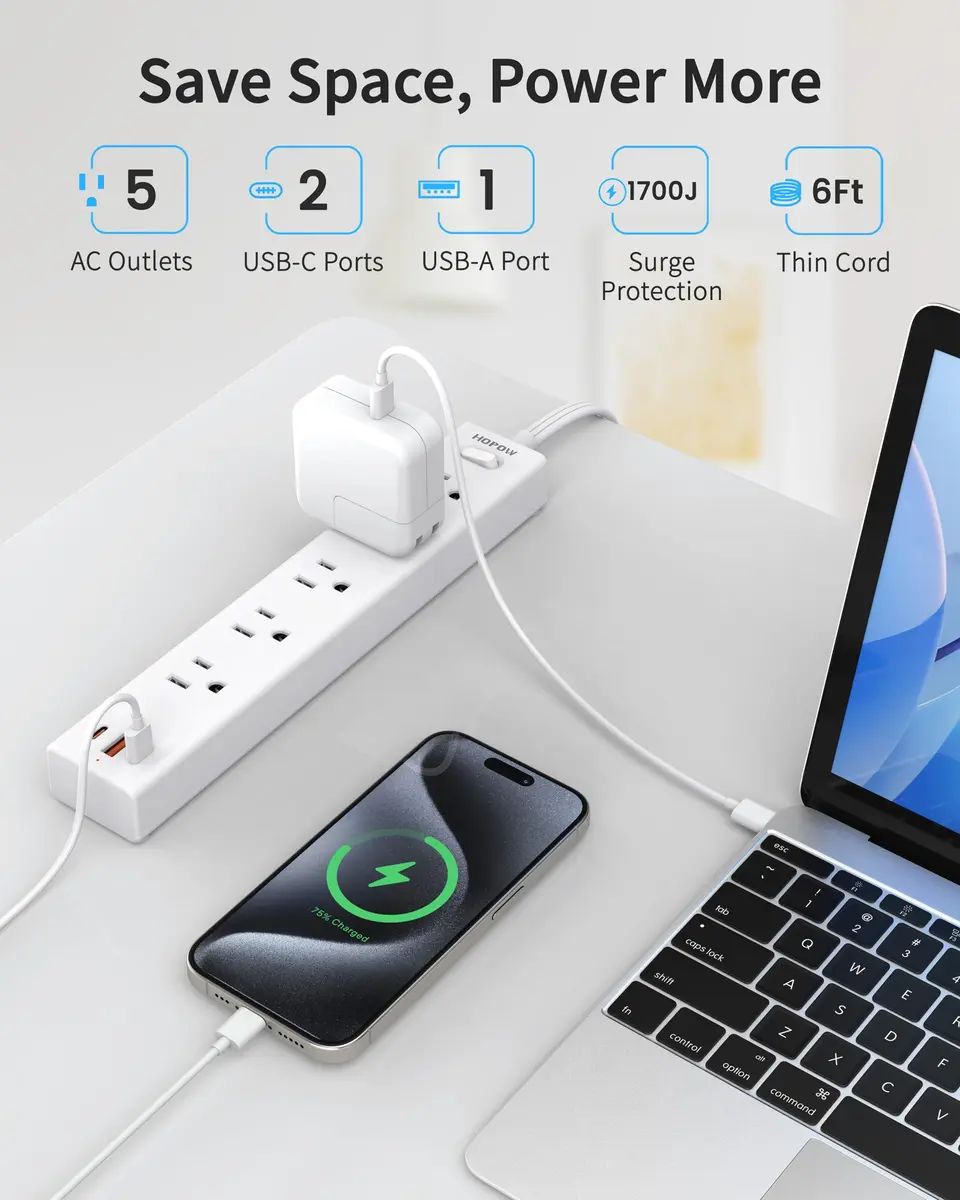 HOPOW Surge Protector Power Strip 1700J 6ft | 5 AC Outlets, 2 USB-C, 1 USB-A Ports, Flat Plug, Wall Mount White - view 3