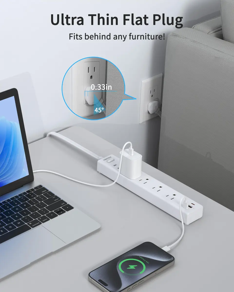 HOPOW Surge Protector Power Strip 1700J 6ft | 5 AC Outlets, 2 USB-C, 1 USB-A Ports, Flat Plug, Wall Mount White - view 4