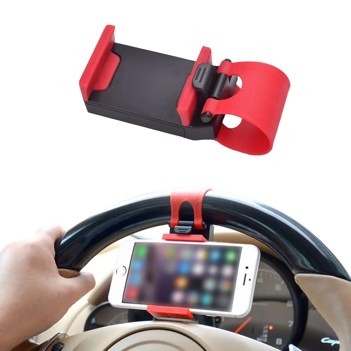 HAOBO Red Steering Wheel Phone Mount | Portable Electronic Device Mount for iPhone & Samsung (8cm x 4cm x 2.5cm) - main product image