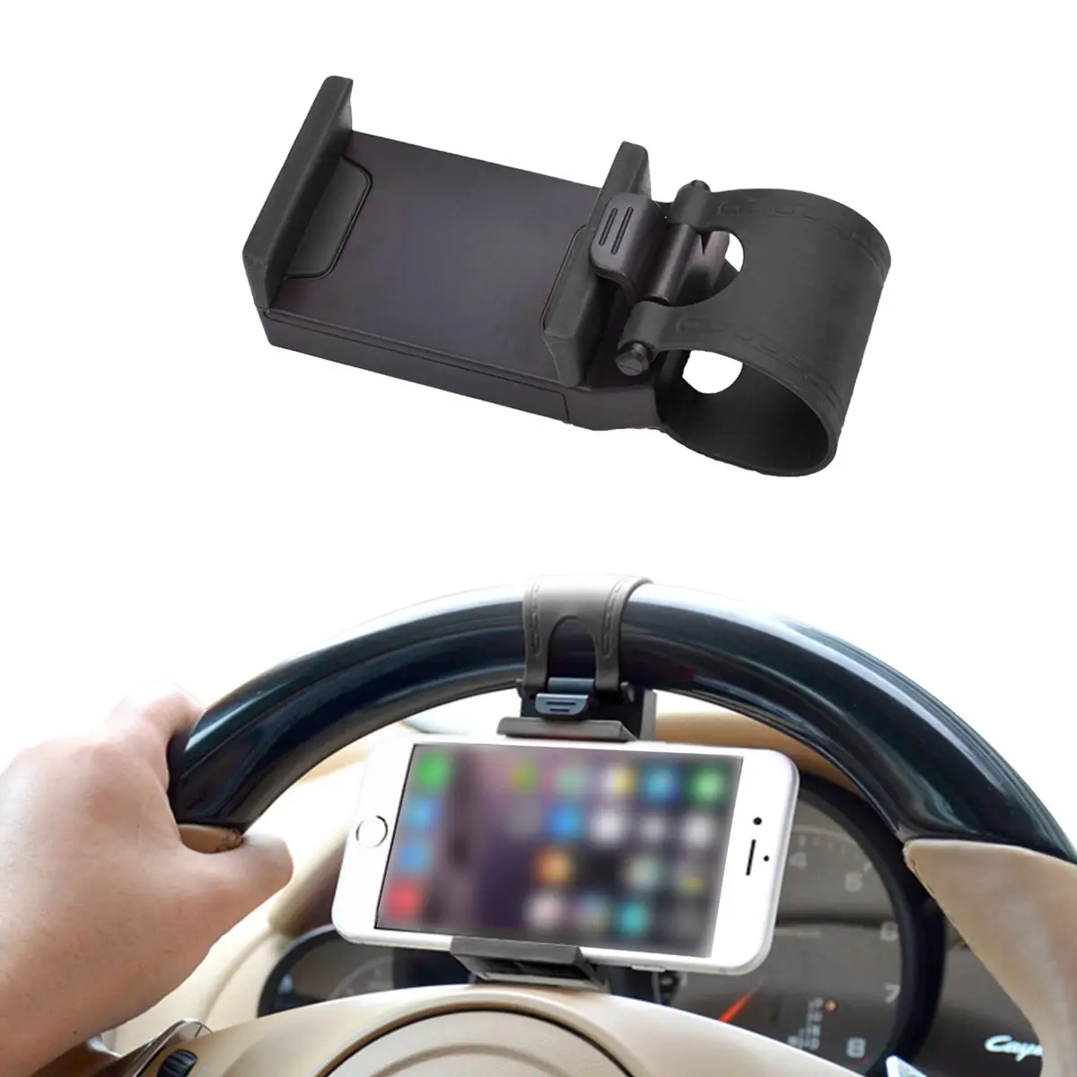 HAOBO Car Phone Holder - Adjustable Car Cradle, Steering Wheel Phone Mount, Universal Mobile Phone Mount, Hands Free Automobile Cell Phone Holder for Most Steering Wheels (Black) - main product image