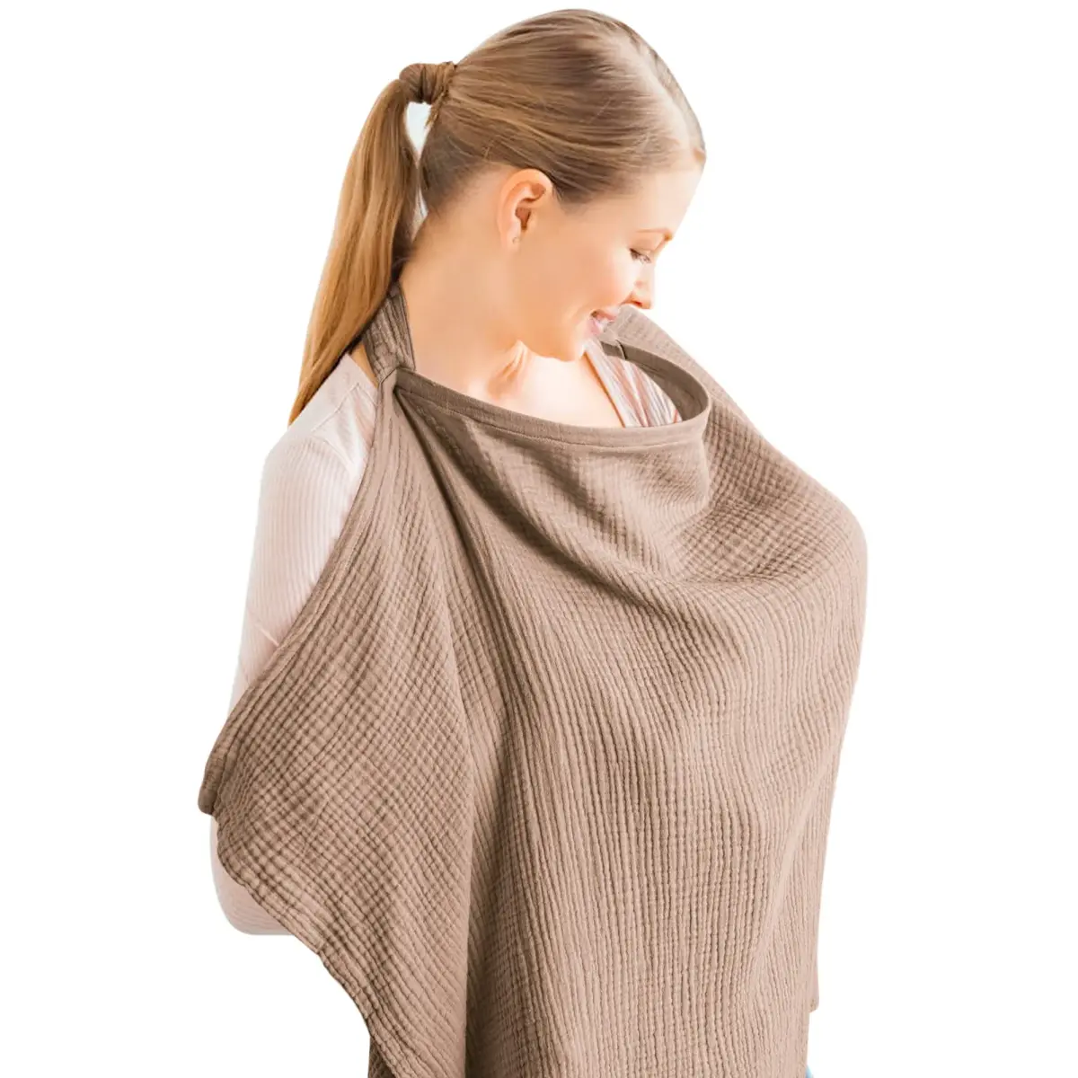 Konssy Muslin Nursing Cover Up for Breastfeeding with Rigid Hoop, 100% Cotton (Brown) | Breathable & Skin-Friendly for Moms & Babies - main product image